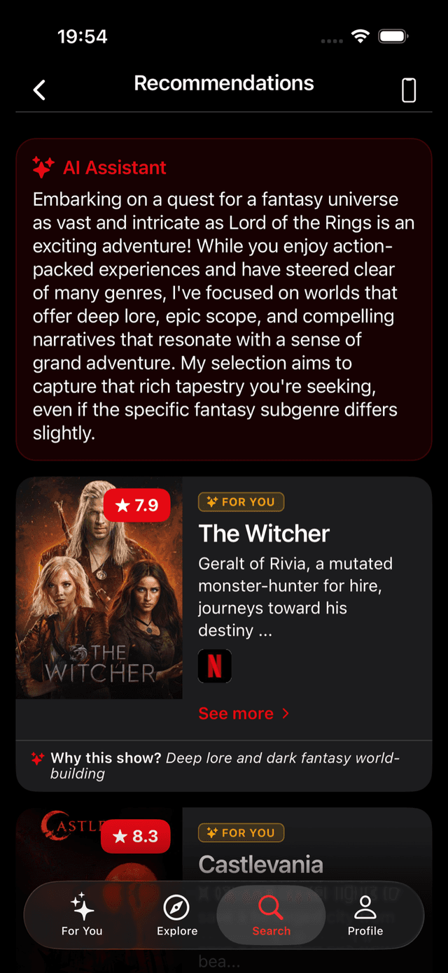 Résultats de recherche IA FastFlix avec recommandations expliquées et notes